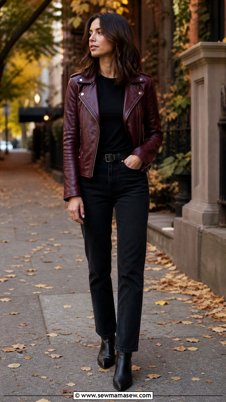 Burgundy Leather Jacket With Black Jeans And Ankle Boots - 40 leather jacket outfit ideas for women
