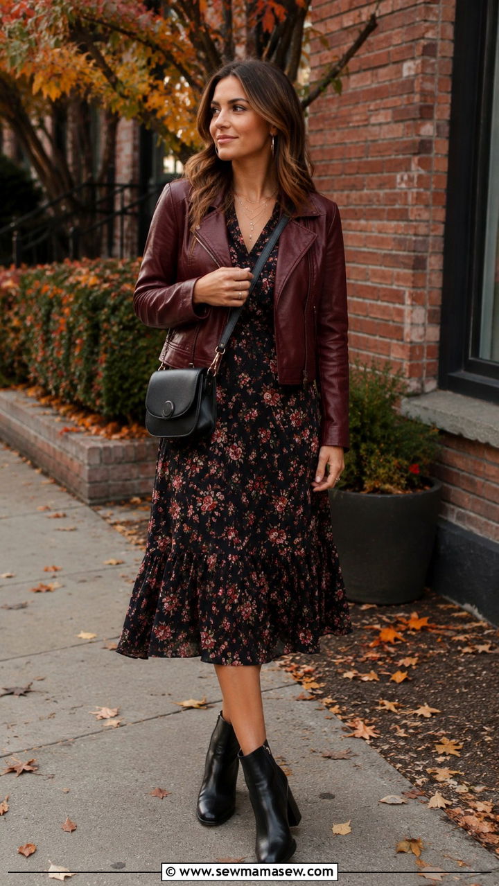 Burgundy Leather Jacket With a Floral Midi Dress - 30 classy Pinterest outfits
