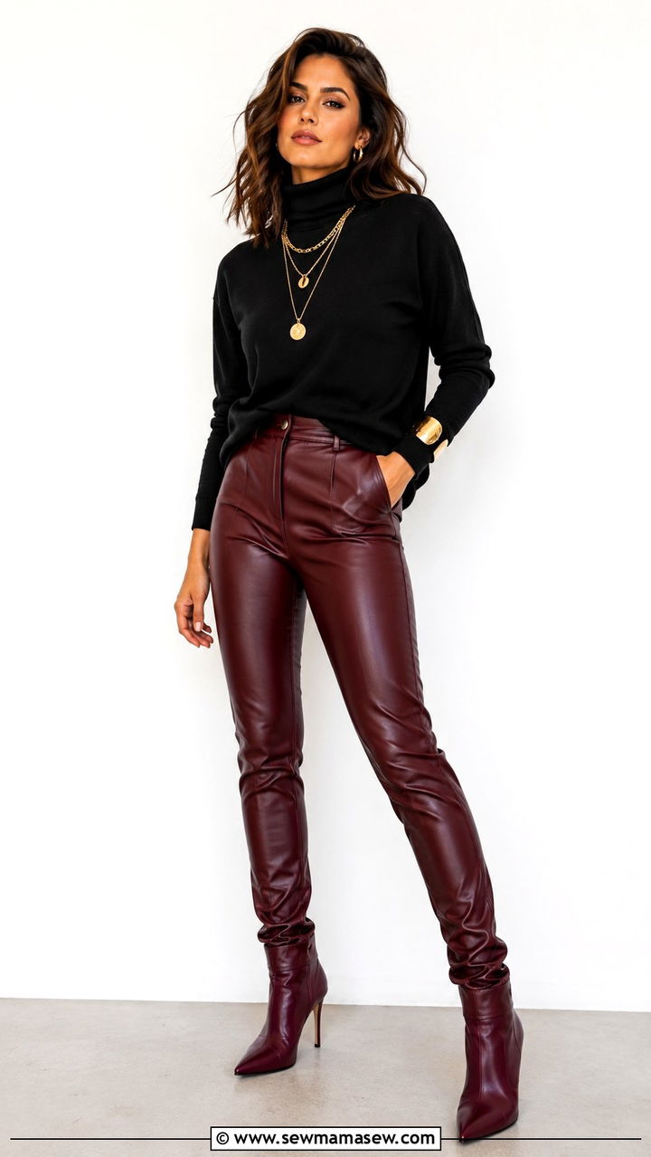 Burgundy Leather Pants With Black Cashmere Turtleneck And Gold Accents Outfit - 30 casual glamoratti outfits