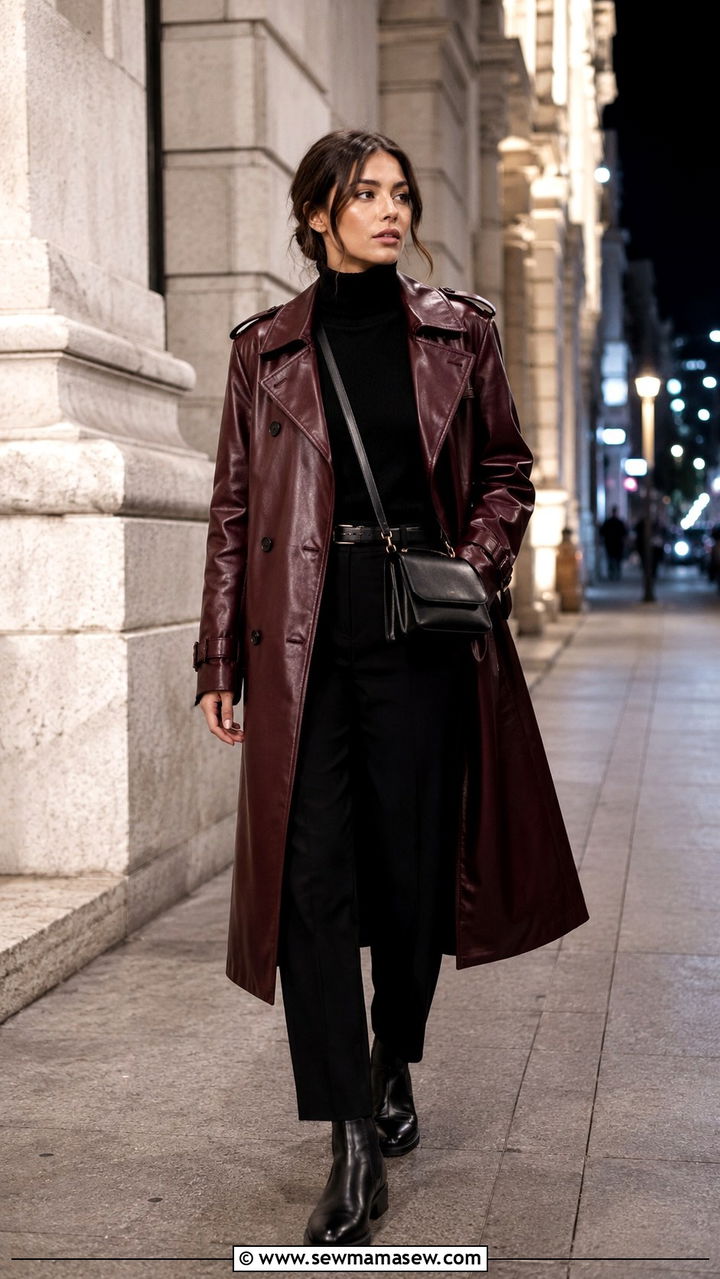 Burgundy Leather Trench Coat With Neutral Base - 25 trench coat outfits 2026