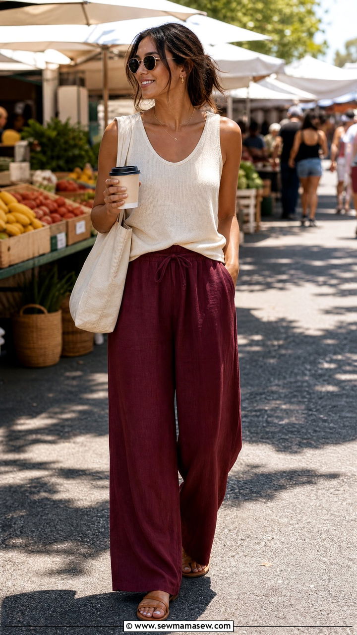 Burgundy Linen Pants With Neutral Top - 30 Summer outfits in burgundy