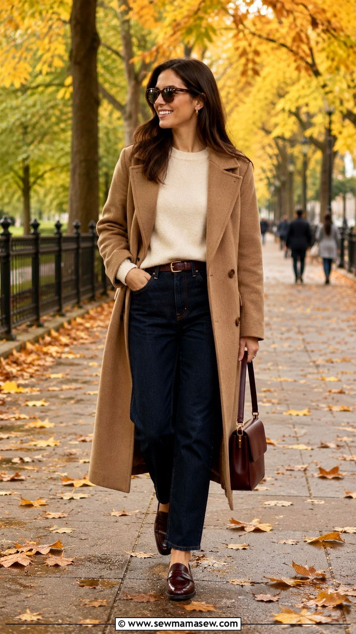 Burgundy Loafers With Dark Wash Jeans And Camel Coat - 30 Loafers outfit ideas with jeans