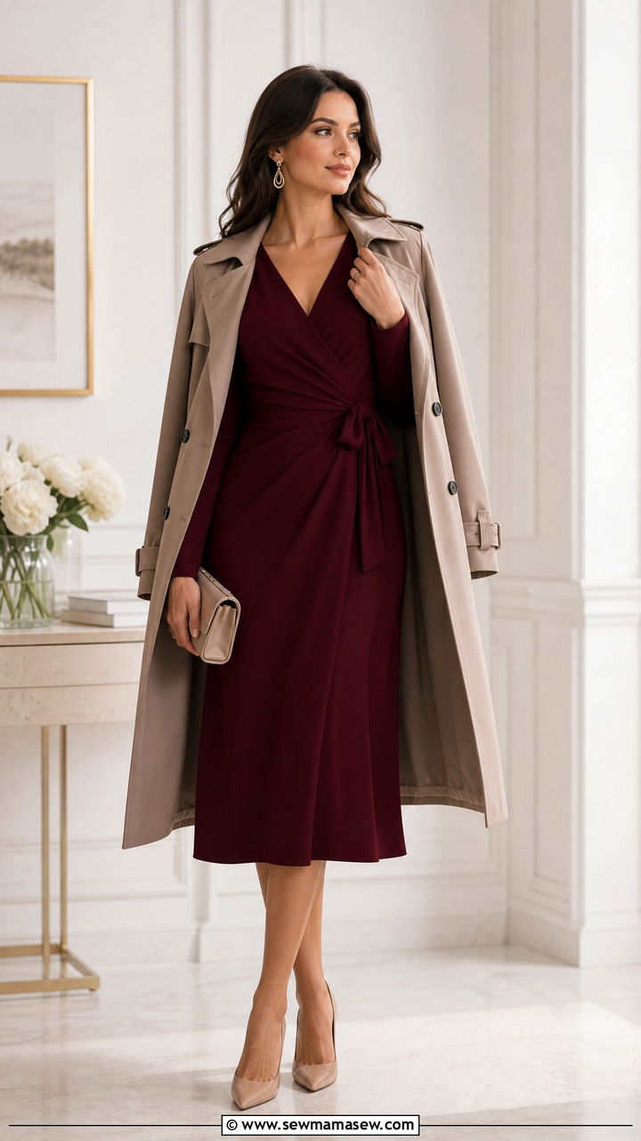 Burgundy Long Sleeve Midi Dress with Pumps - 25 modest bridal shower outfit ideas