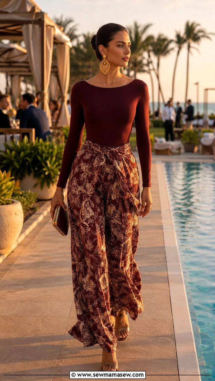 Burgundy Long Sleeve Swimsuit With Palazzo Pants - 30 Long sleeve swimsuit outfit ideas
