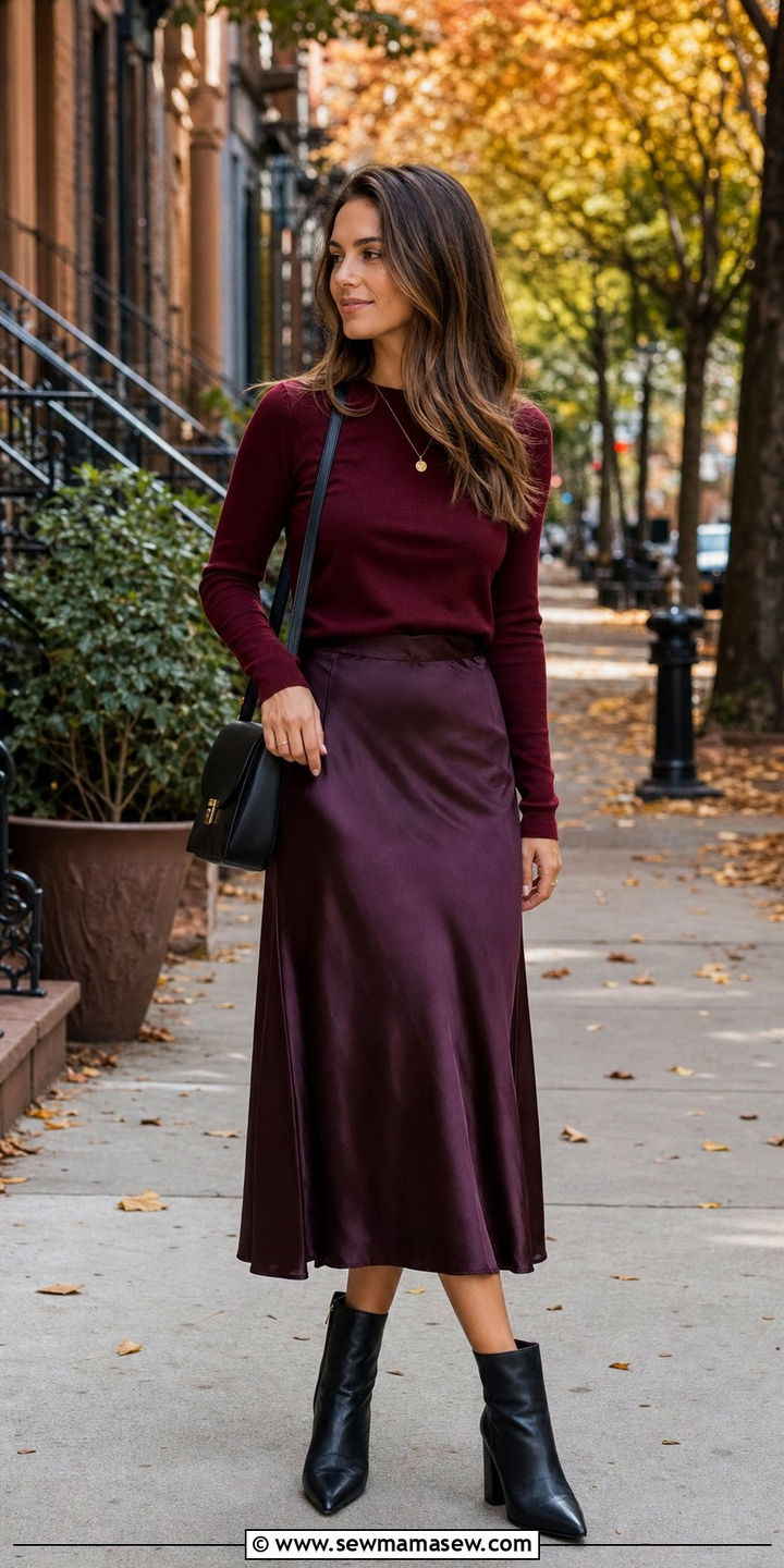 Burgundy Longsleeve Top with Satin Midi Skirt and Black Boots - 25 cute modest classy outfits