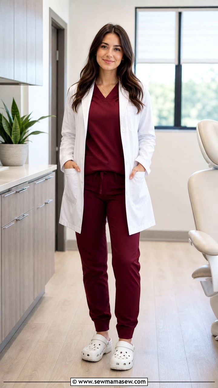 Burgundy Matching Set With White Coat And Crocs - 40 Dentist outfit ideas