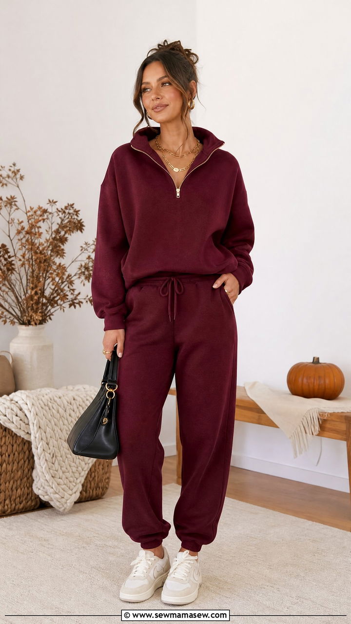 Burgundy Matching Sweatsuit with Gold Jewelry - 25 Matching sweatsuit outfit ideas