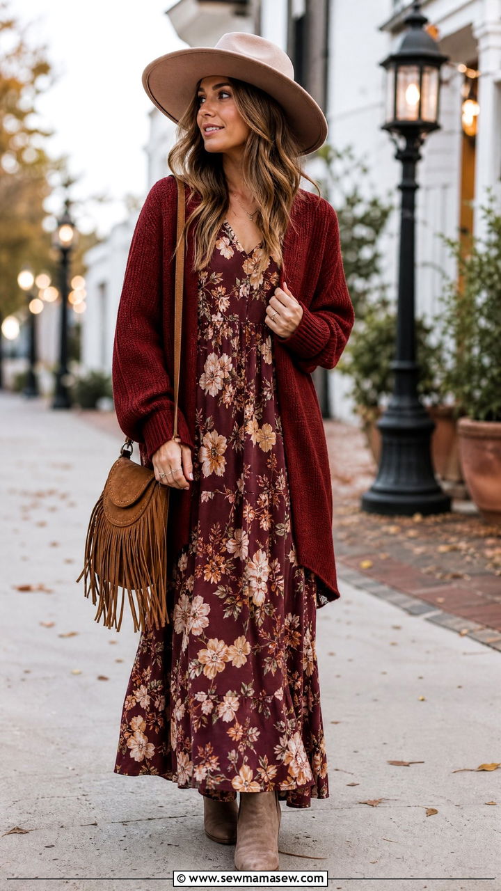 Burgundy Maxi Dress And Oversized Cardigan With Wide Brim Hat - 25 Boho outfit ideas with wide brim hat