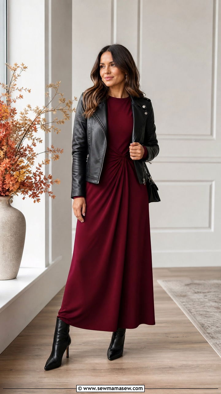 Burgundy Maxi Dress With Black Ankle Boots And Leather Jacket - 30 Maxi dress for work outfit ideas