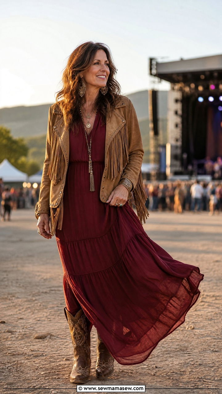 Burgundy Maxi Dress with Suede Fringe Jacket - 30 Concert outfit ideas for women over 40