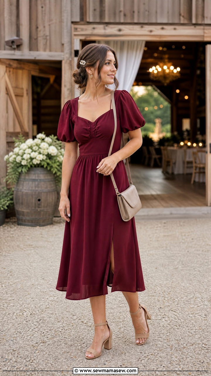 Burgundy Midi Dress With Block Heels - 25 Burgundy wedding guest dress outfit ideas