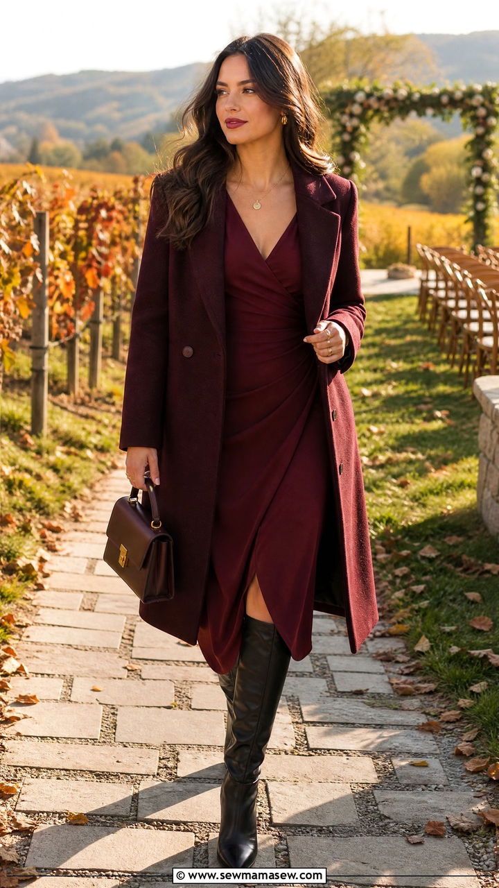 Burgundy Midi Dress With Knee High Boots - 25 Burgundy wedding guest dress outfit ideas
