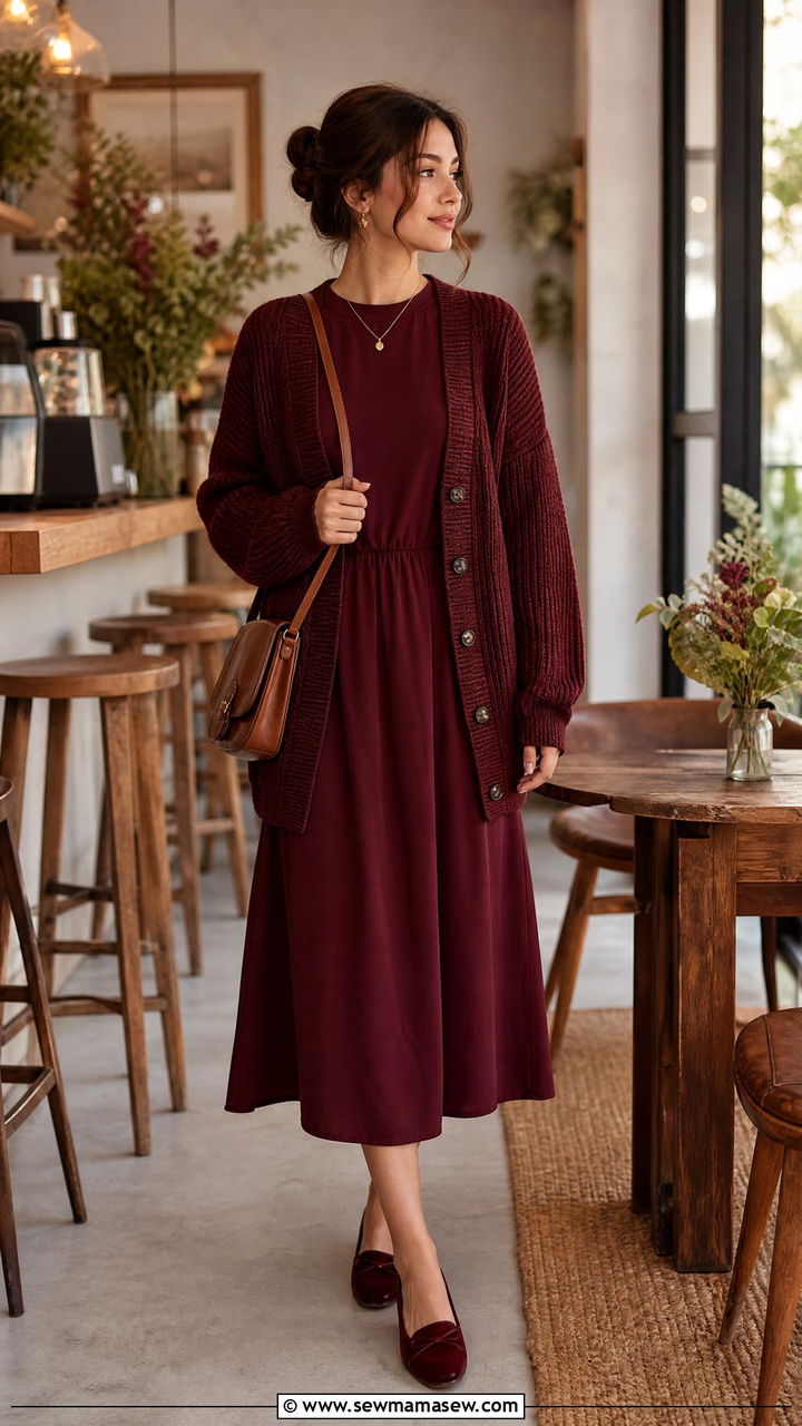 Burgundy Midi Dress With Knit Cardigan - 30 modest classy outfits for women