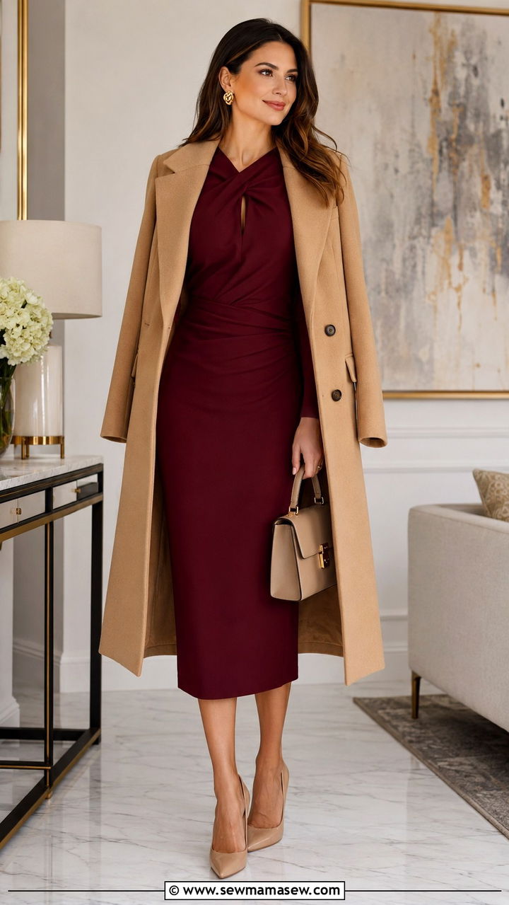 Burgundy Midi Dress With Long Wool Coat - 30 Legal conference outfit ideas