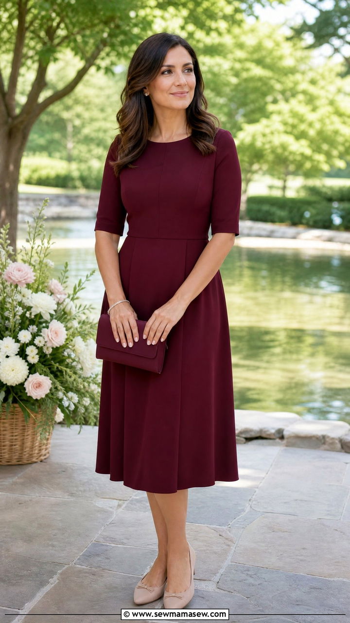 Burgundy Midi Dress With Neutral Flats - 25 Funeral outfits for summer