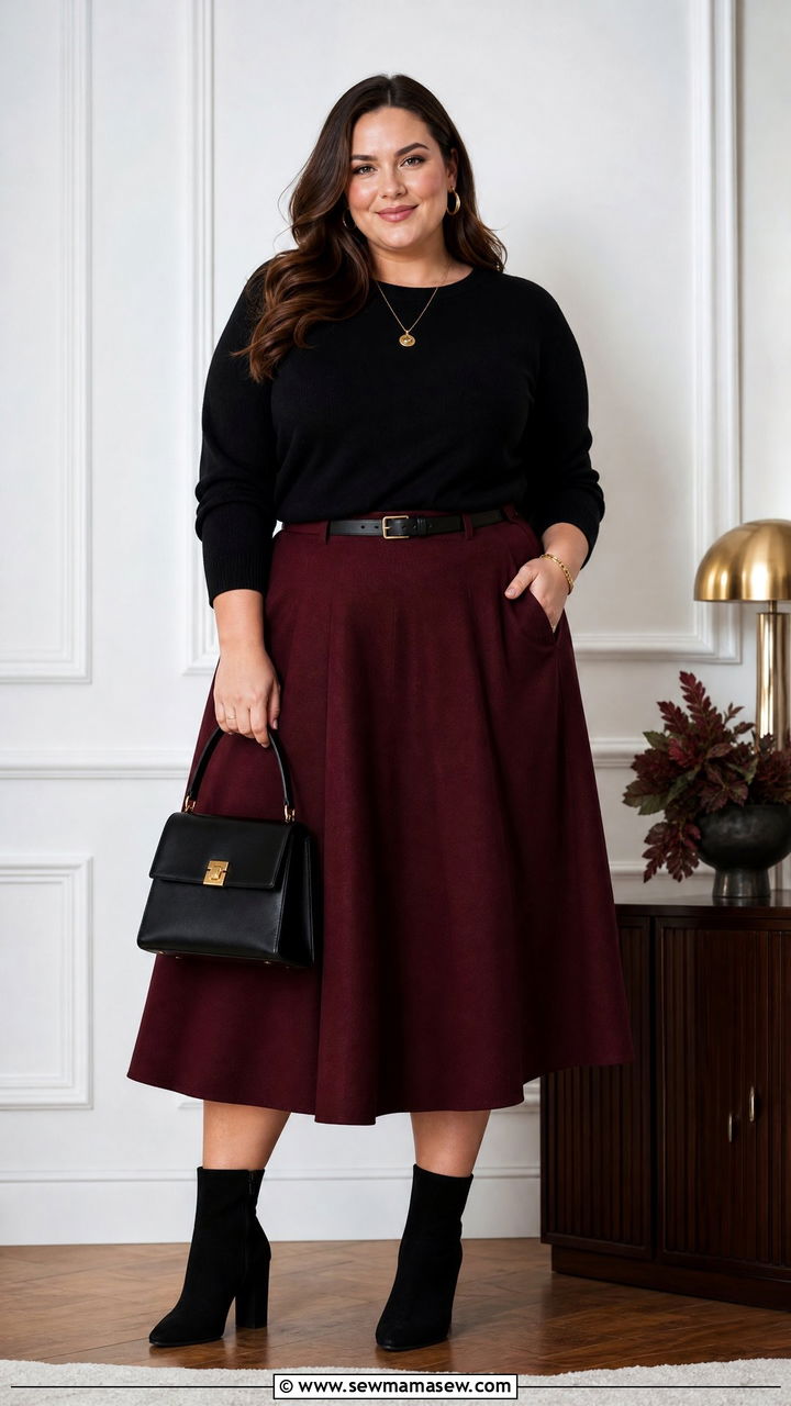 Burgundy Midi Skirt And Cashmere Sweater Plus Size Look - 25 Quiet luxury outfit ideas plus size