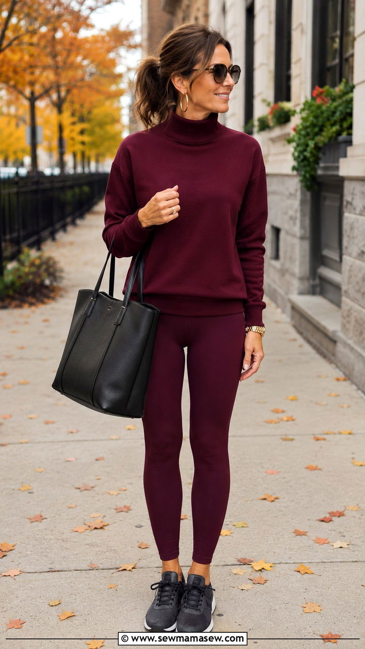 Burgundy Mock Neck With Matching Leggings Outfit - 30 Outfit ideas for women over 40 athleisure