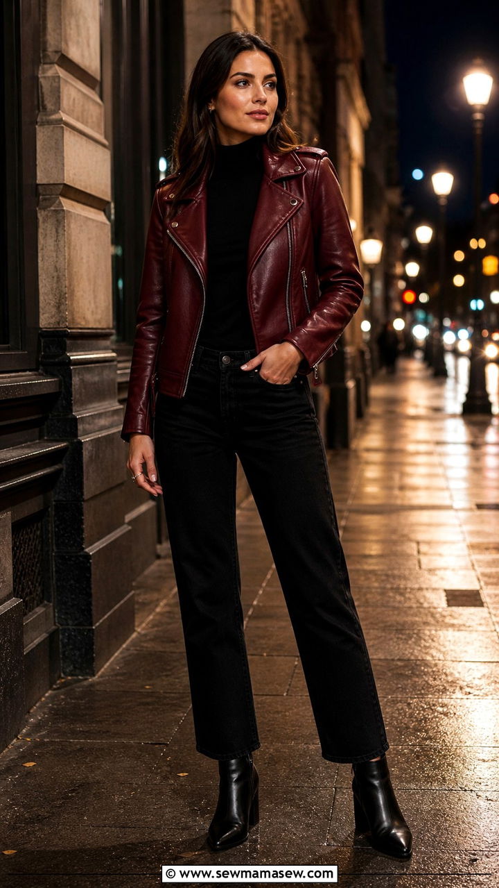 Burgundy Moto Jacket With Black Denim and Heeled Boots - 40 Moto jacket outfit ideas
