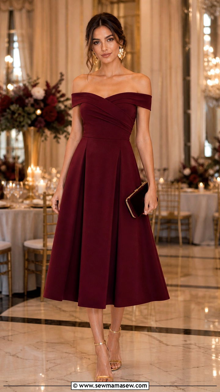 Burgundy Off Shoulder Dress Wedding Guest - 40 classy wedding guest outfit ideas