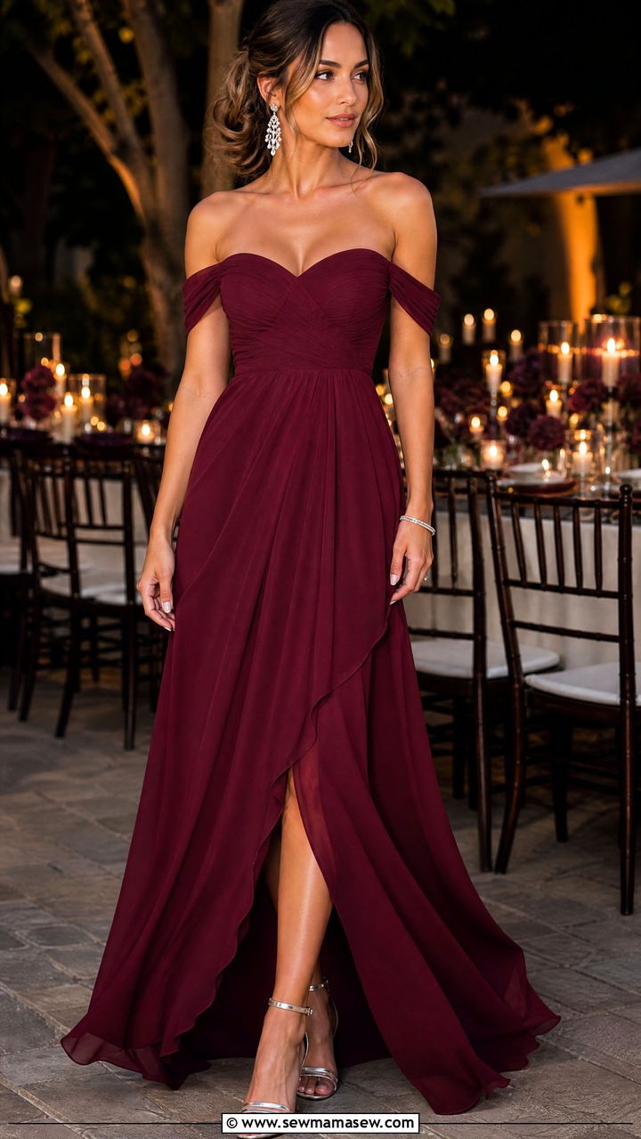 Burgundy Off Shoulder Maxi Dress With Silver Jewelry - 25 Burgundy wedding guest dress outfit ideas