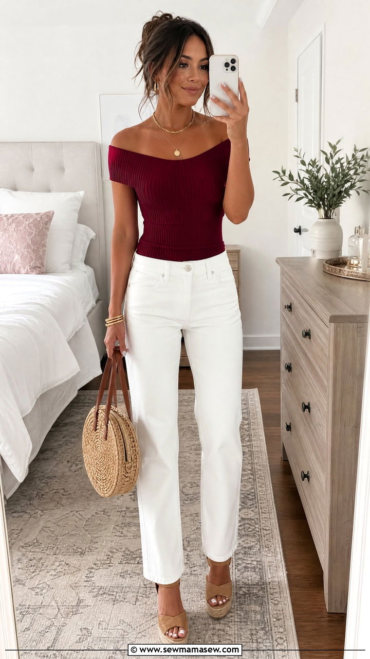 Burgundy Off Shoulder Top With White Jeans - 30 Summer outfits in burgundy