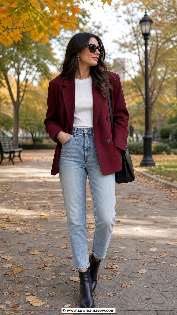 Burgundy Oversized Blazer With Basic Tee and Mom Jeans - 30 Oversized blazer outfit ideas with a t-shirt