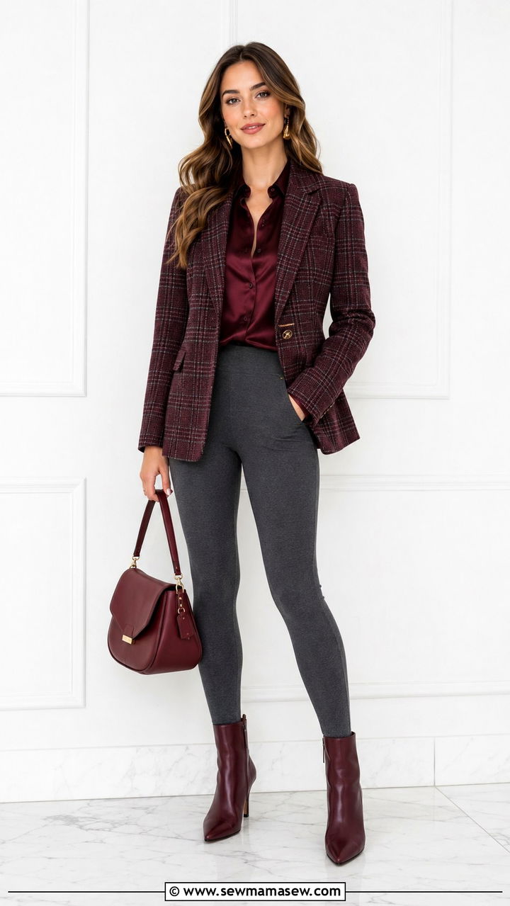 Burgundy Plaid Blazer With Gray Leggings And Boots - 25 Preppy outfit ideas 2026