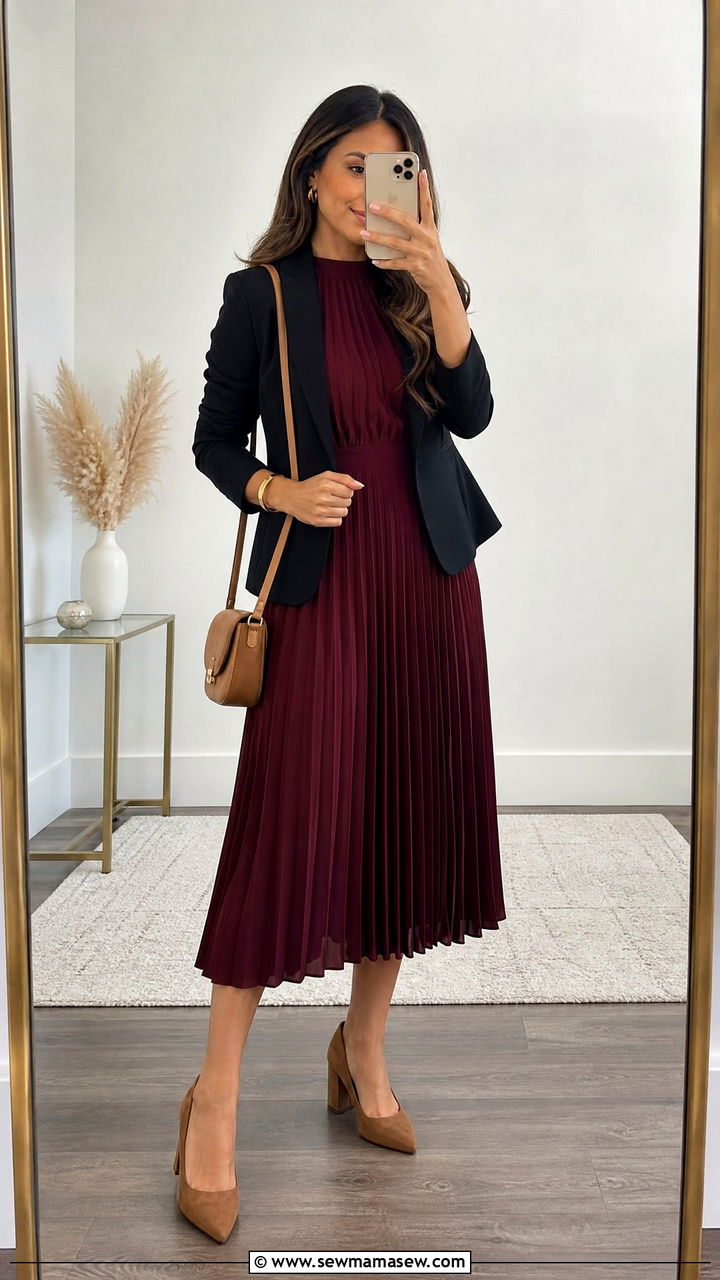 Burgundy Pleated Midi Dress With Tan Accessories - 25 Business casual outfits with midi dress