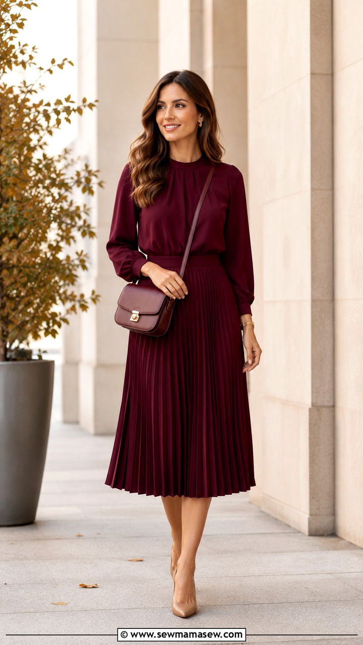 Burgundy Pleated Midi Dress With Tan Pumps and Crossbody - 30 Midi dress for work outfit ideas