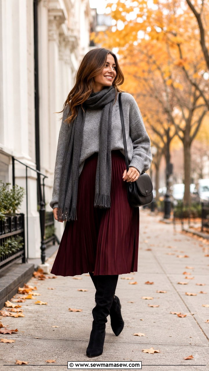 Burgundy Pleated Skirt With Gray Knit Sweater Outfit - 30 Pleated skirt outfit ideas with a sweater