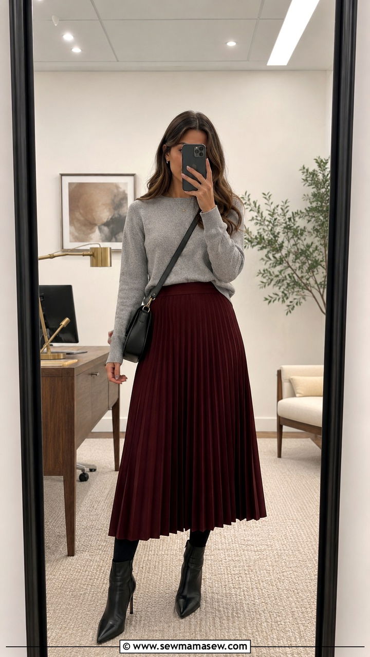 Burgundy Pleated Skirt With Gray Sweater - 30 Pleated skirt outfit ideas for work