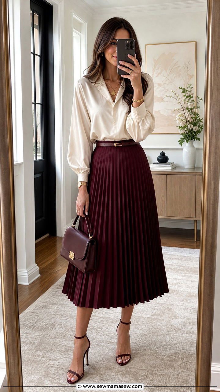 Burgundy Pleated Skirt With Silk Blouse - 25 Burgundy wedding guest dress outfit ideas