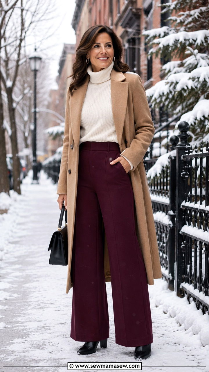 Burgundy Ponte Palazzo Pants and a Turtleneck Sweater - 25 palazzo pants outfits for women over 40