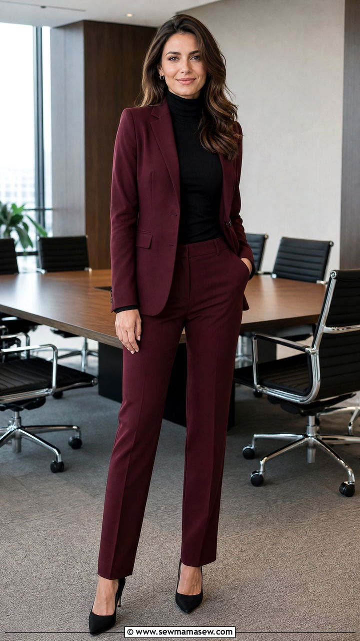 Burgundy Power Suit with Black Turtleneck - 30 Marketing manager outfit ideas