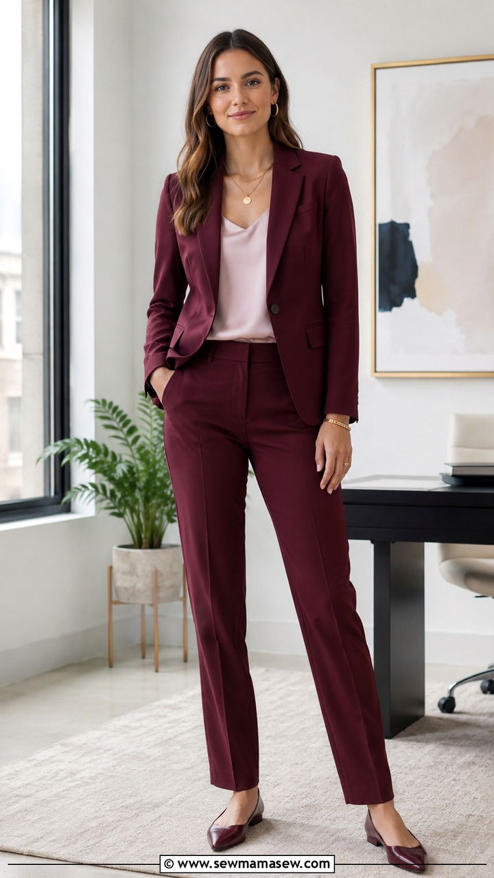 Burgundy Power Suit with Pointed Toe Flats Outfit - 25 Professional outfits for women 2026