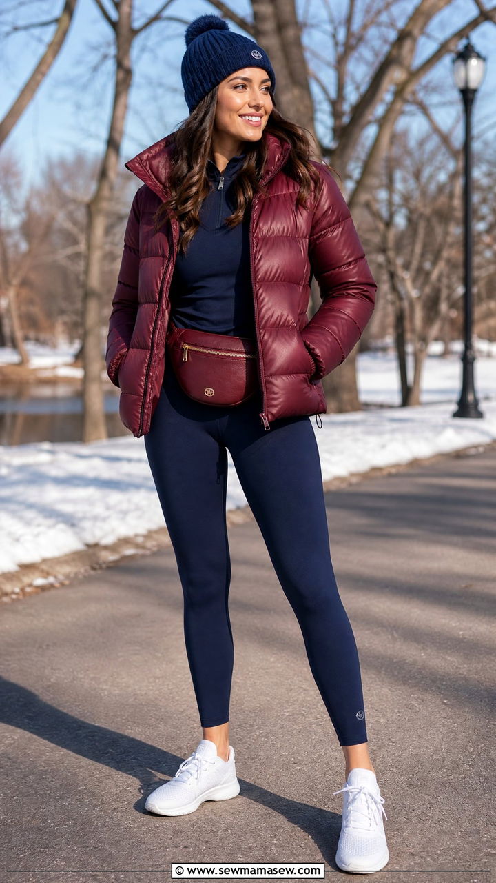 Burgundy Puffer Jacket with Navy Leggings - 25 Navy and burgundy outfit ideas