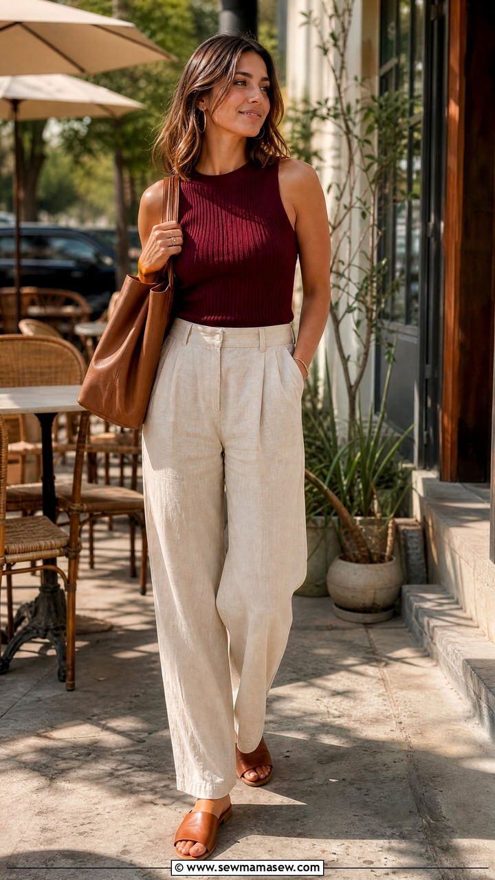 Burgundy Ribbed Knit Top With Beige Linen Trousers - 30 Summer outfits in burgundy