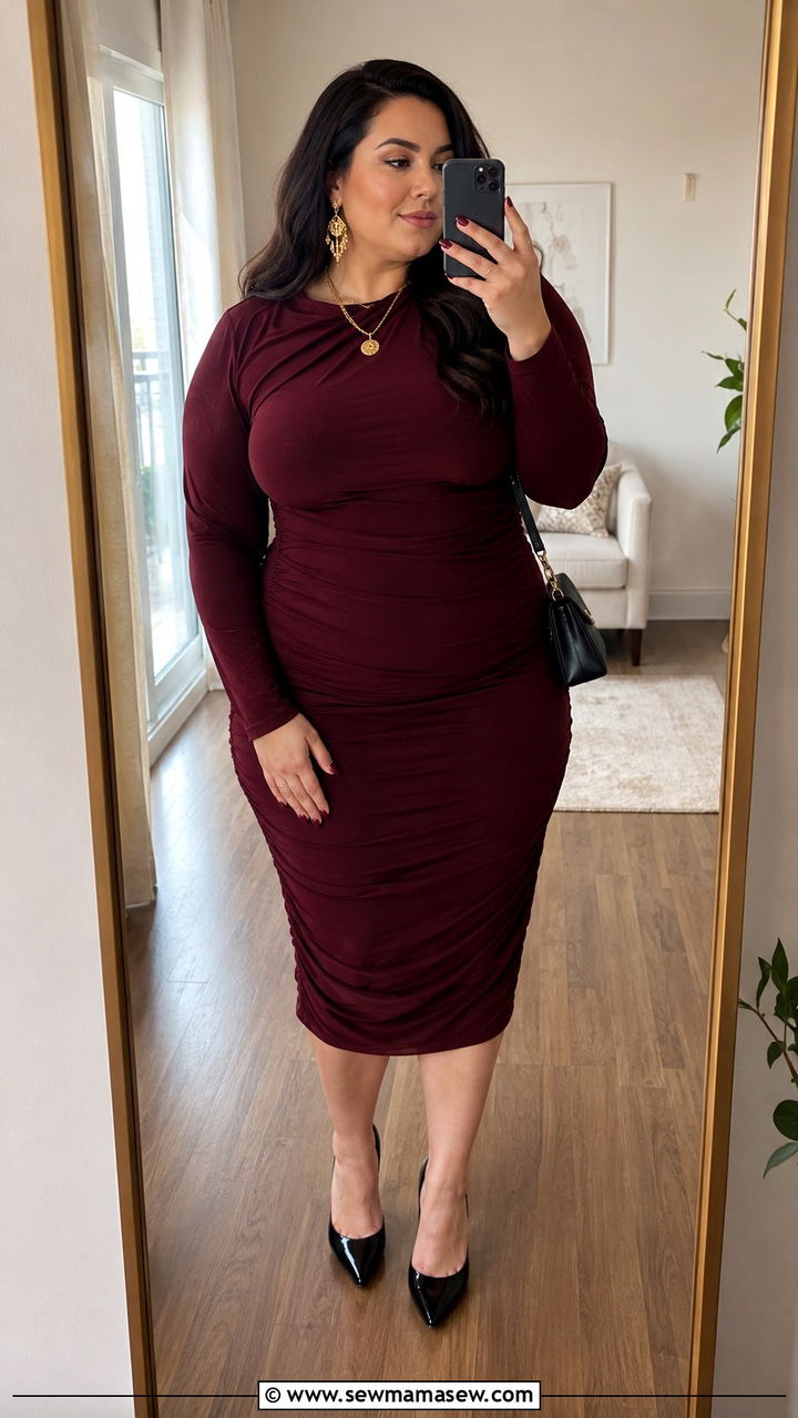 Burgundy Ruched Midi Dress Plus Size - 25 Mob wife outfits plus size