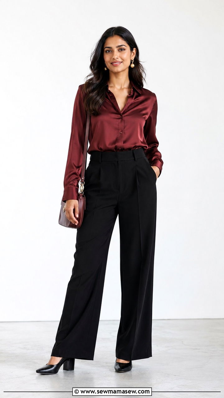 Burgundy Satin Blouse with Black Wide Leg Trousers and Block Heels - 30 job interview outfits for women over 40