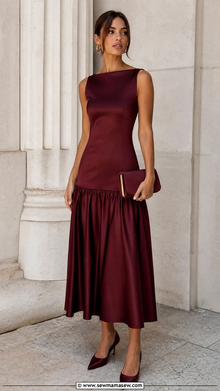 Burgundy Satin Drop Waist Dress With Kitten Heels - 25 Burgundy wedding guest dress outfit ideas