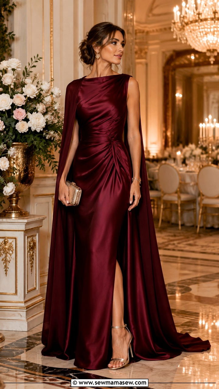Burgundy Satin Gown With Cape Detail - 30 Old money wedding guest outfits