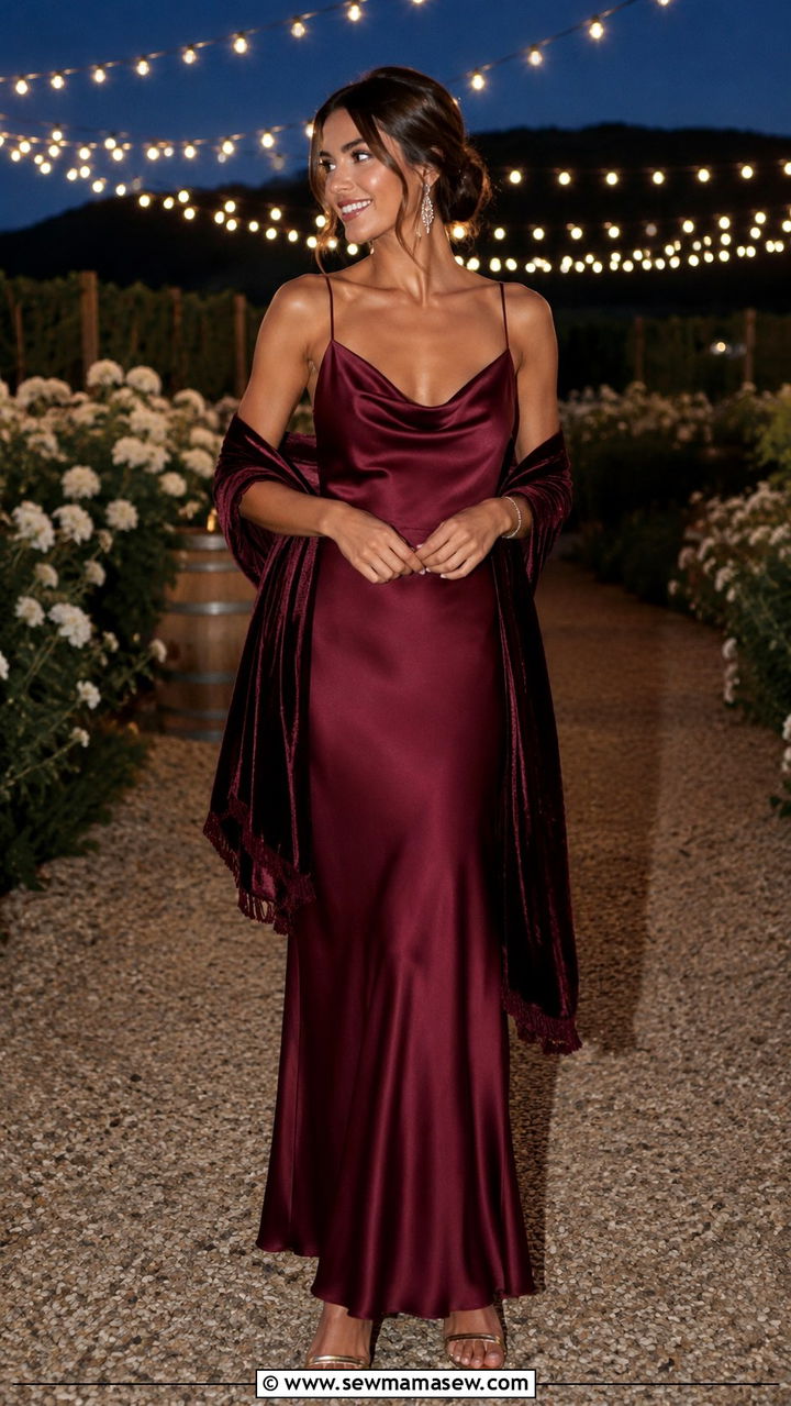 Burgundy Satin Gown With Shawl Wrap - 25 Winery wedding guest outfit ideas