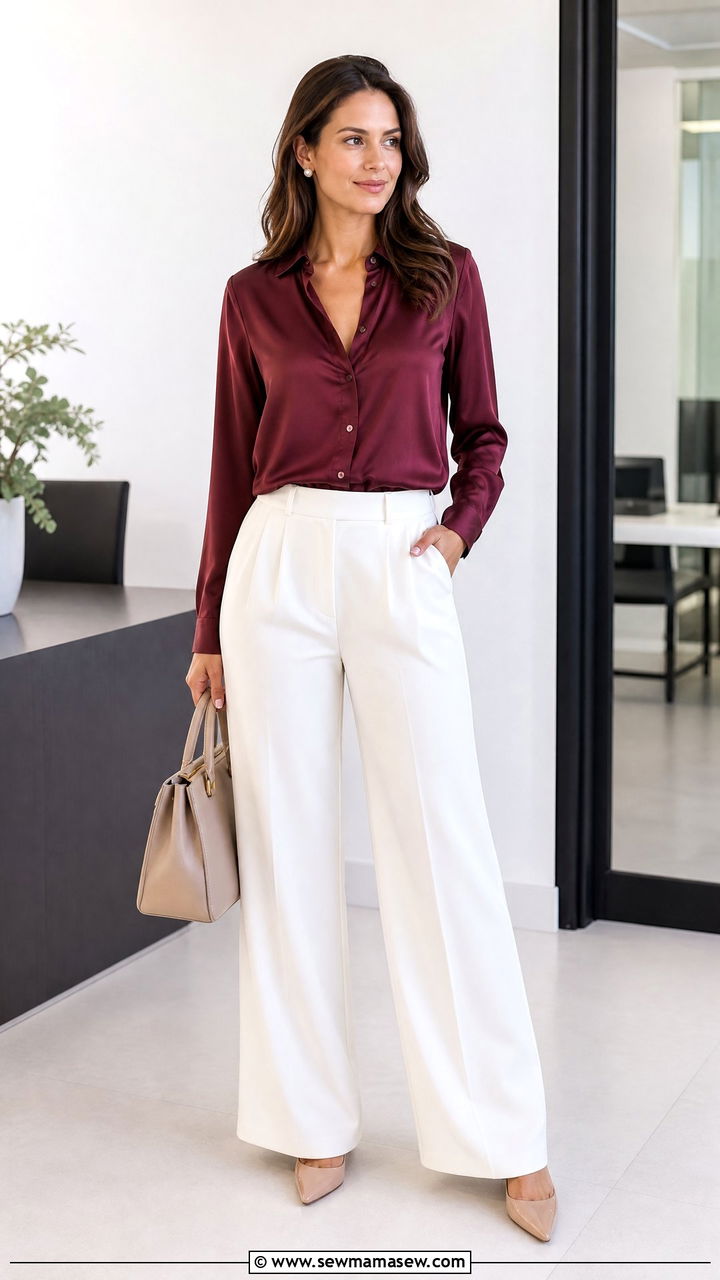 Burgundy Satin Shirt With White Trousers - 30 Summer outfits in burgundy