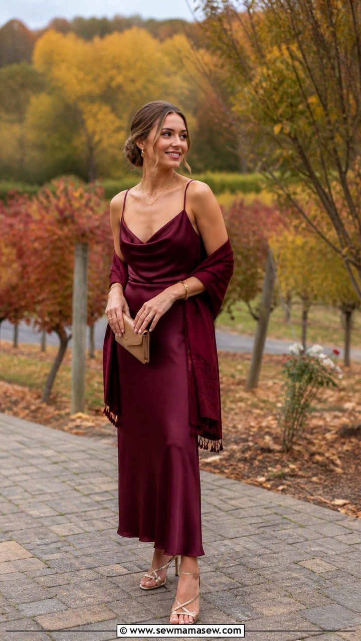 Burgundy Satin Slip Dress With Shawl For Fall Ceremonies - 40 classy wedding guest outfits