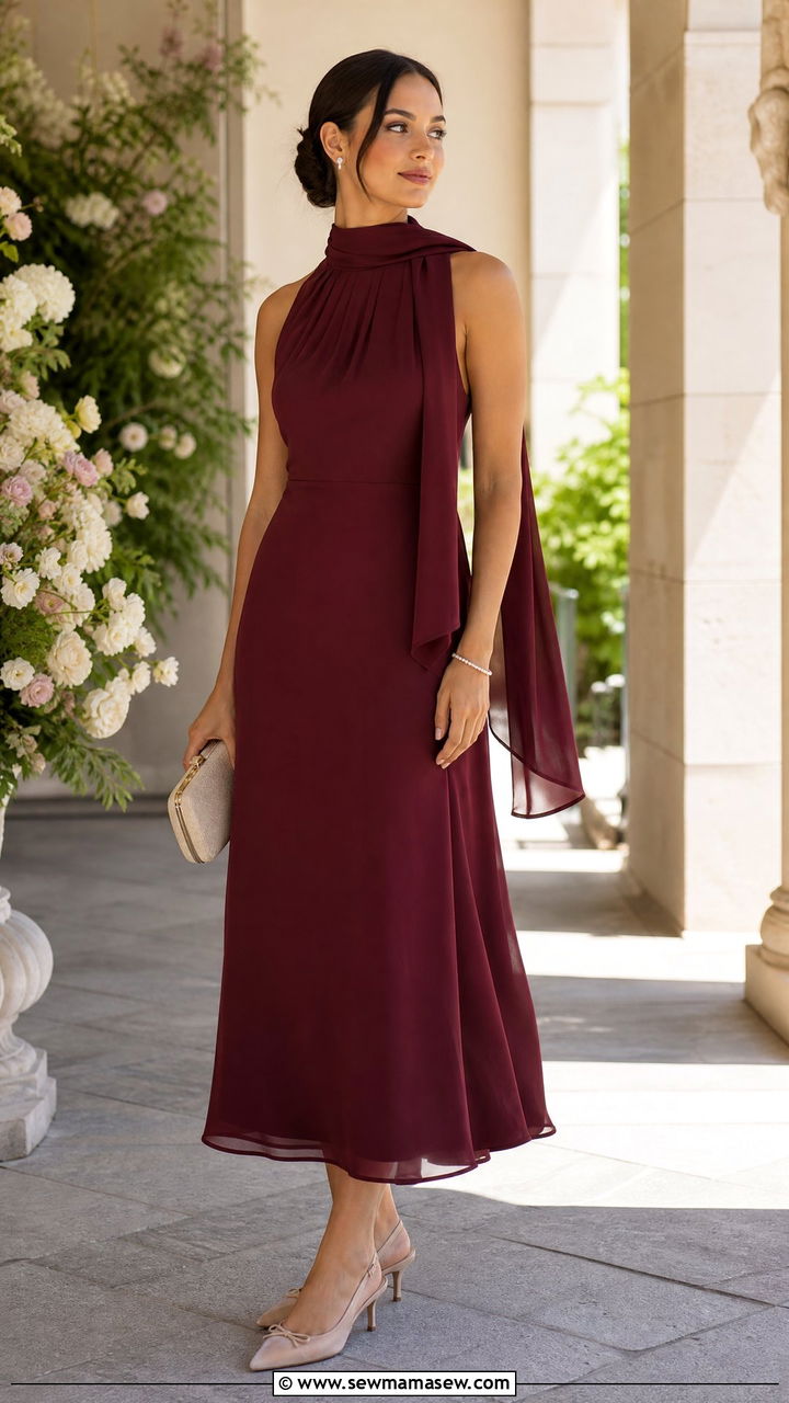 Burgundy Scarf Neck Dress With Slingback Heels - 25 Burgundy wedding guest dress outfit ideas