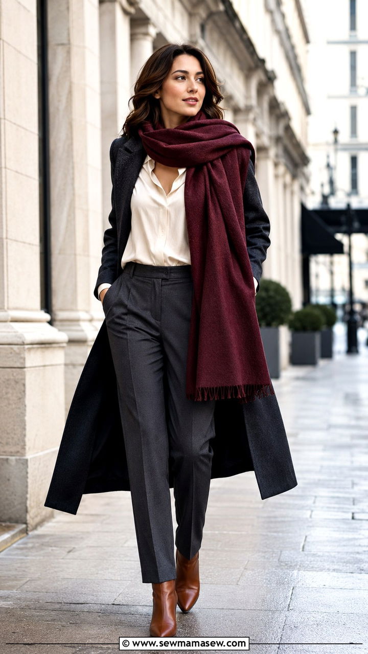 Burgundy Scarf with Cream Blouse and Charcoal Tailored Trousers - 30 transitional rainy day outfit ideas