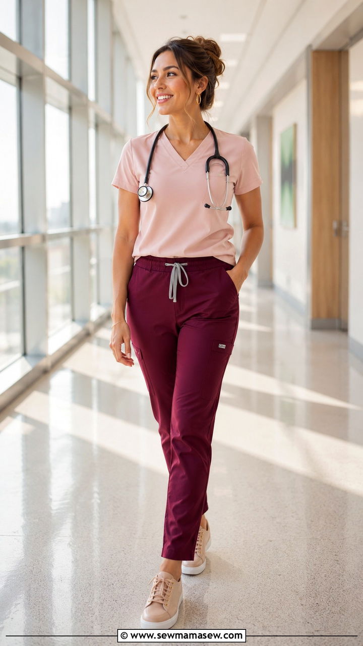 Burgundy Scrub Pants With Blush Pink Top And Gold Accessories - 25 Pediatric nurse outfit ideas