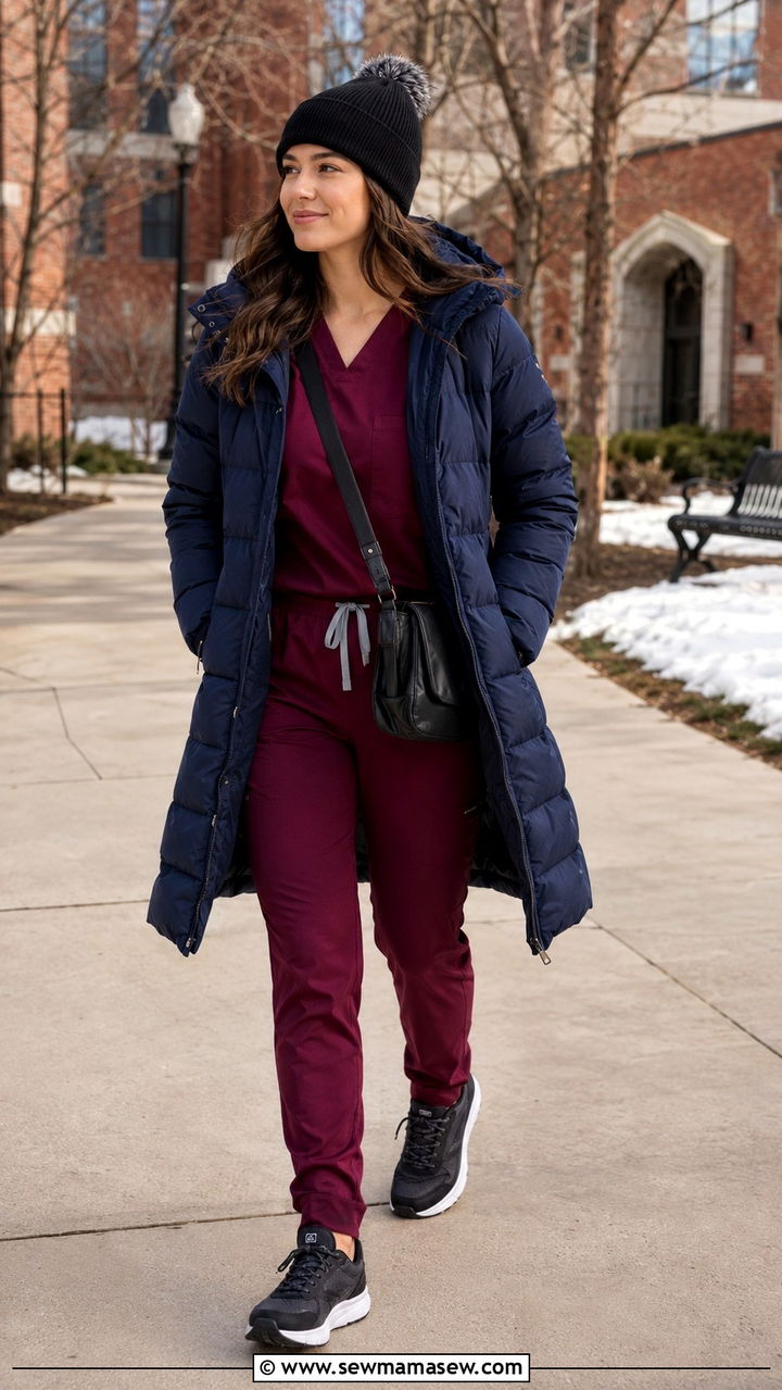 Burgundy Scrub Set With A Long Puffer Coat - 25 Nursing student outfit ideas