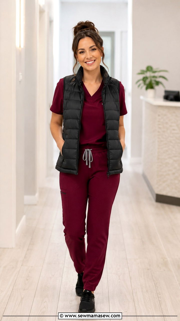 Burgundy Scrub Set With Puffer Vest Dental Outfit - 30 Dental office outfit ideas