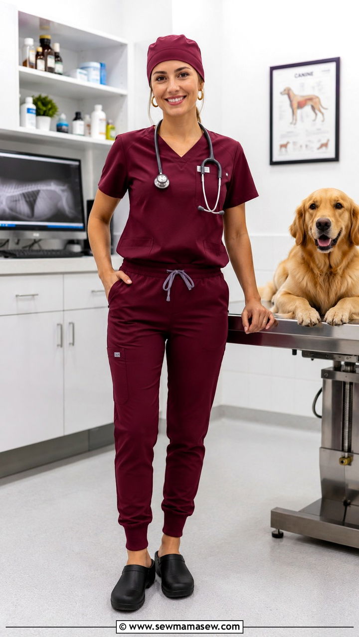 Burgundy Scrub Set With Slip On Shoes - 25 Veterinarian outfit ideas